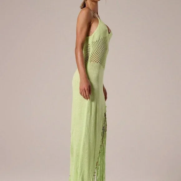 Lime Green Casual Women's Crochet Knit Beaded Fringing Maxi Cover Up Dress - Picture 3 of 6